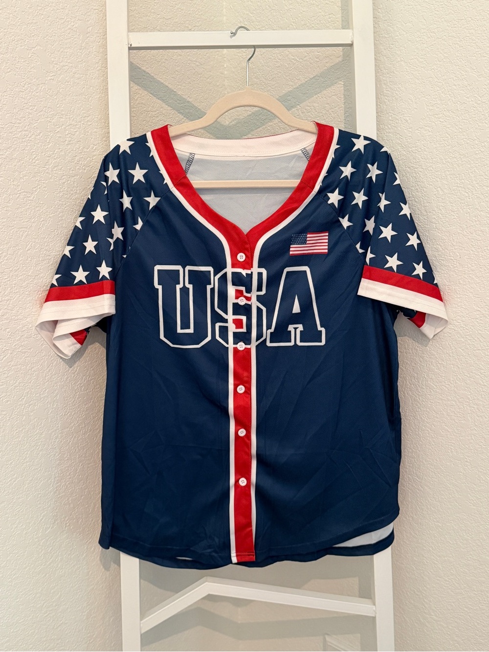 USA Patriotic Baseball Jersey Women’s Large Stars & Stripes Button-Up Shirt
